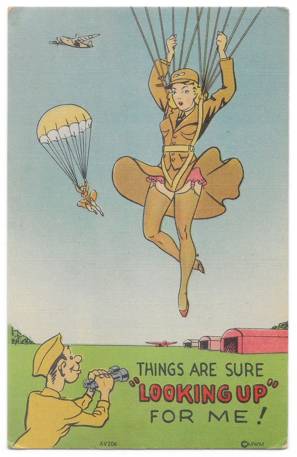 WWII Military Risque Comic Linen Postcard Paratrooper Pin-Up MWM