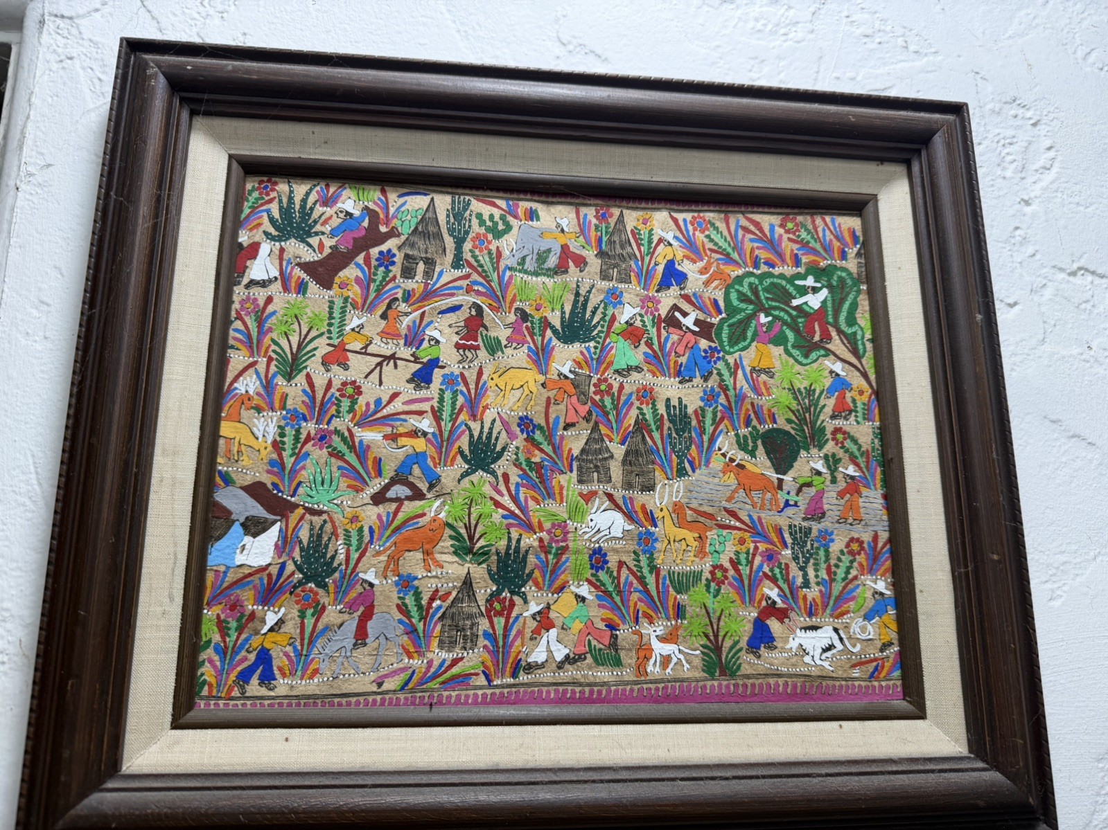 Mexican Folk Art Amate Bark Painting  Vibrant Colors Framed 