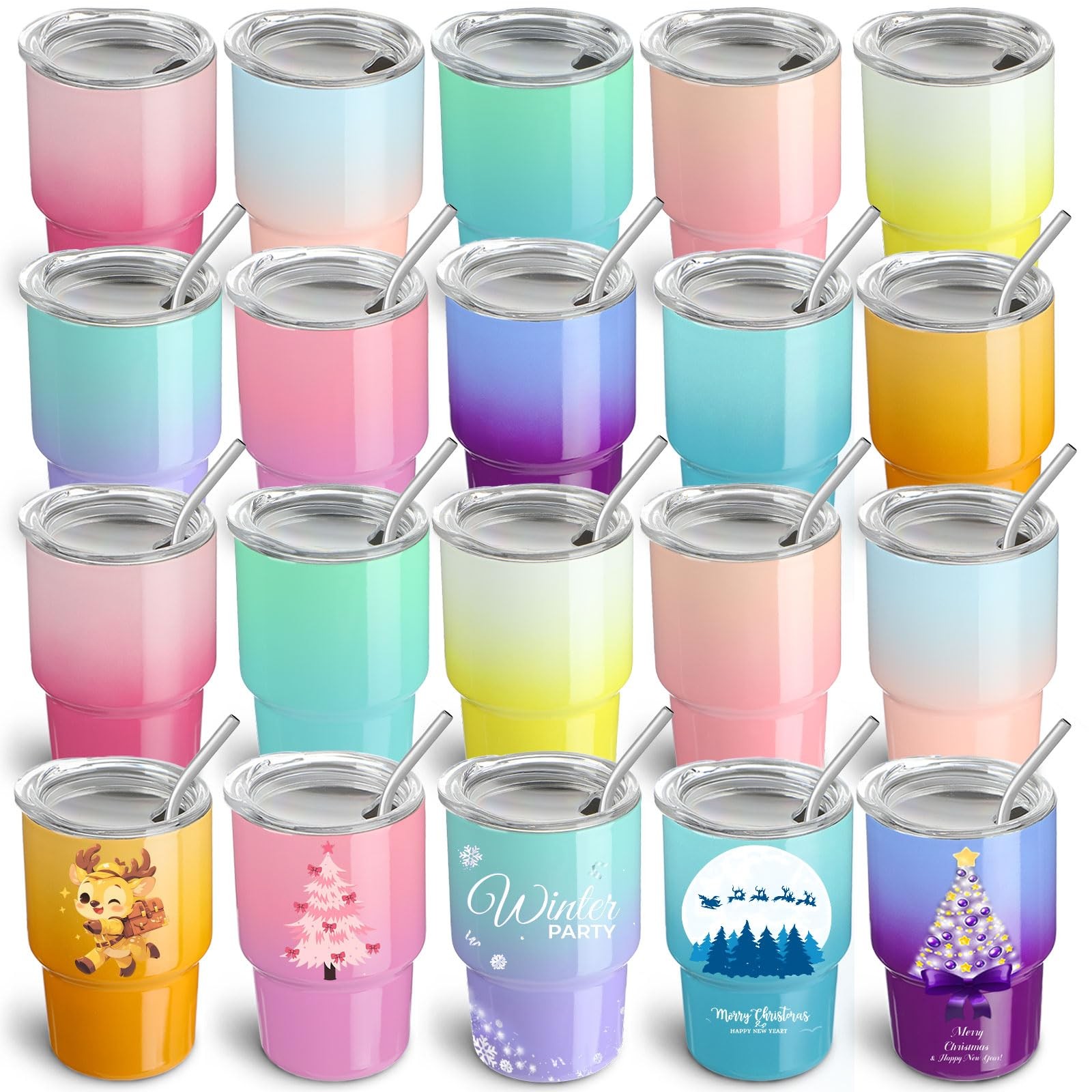 FOGWOWO 20-Pk 3oz Gradient Mini Tumbler Shot Glass w/ Straw & Lid Sublimation