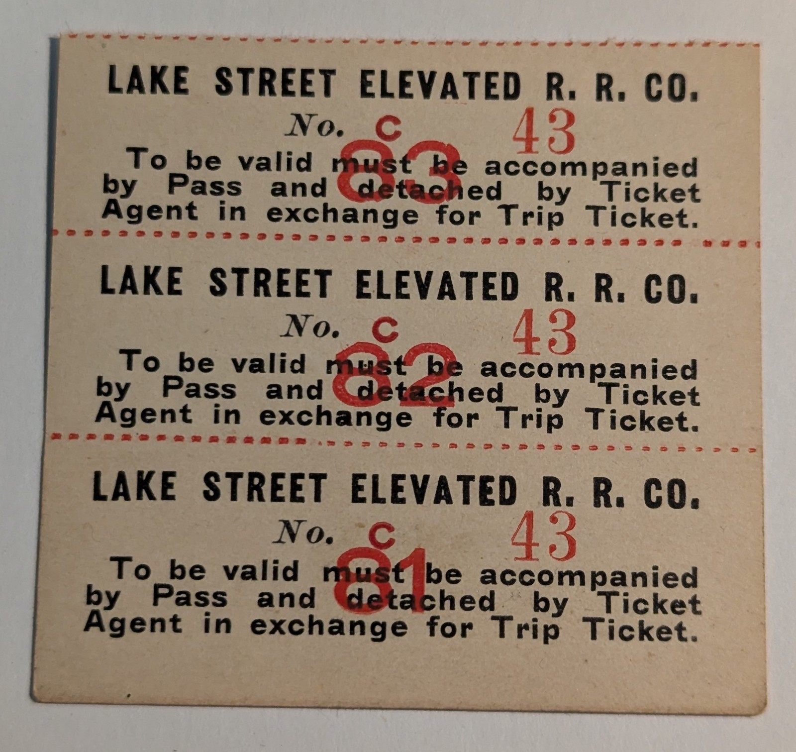 **VINTAGE LAKE STREET ELEVATED RAILROAD COMPANY TRIP TICKET LOT OF 3**