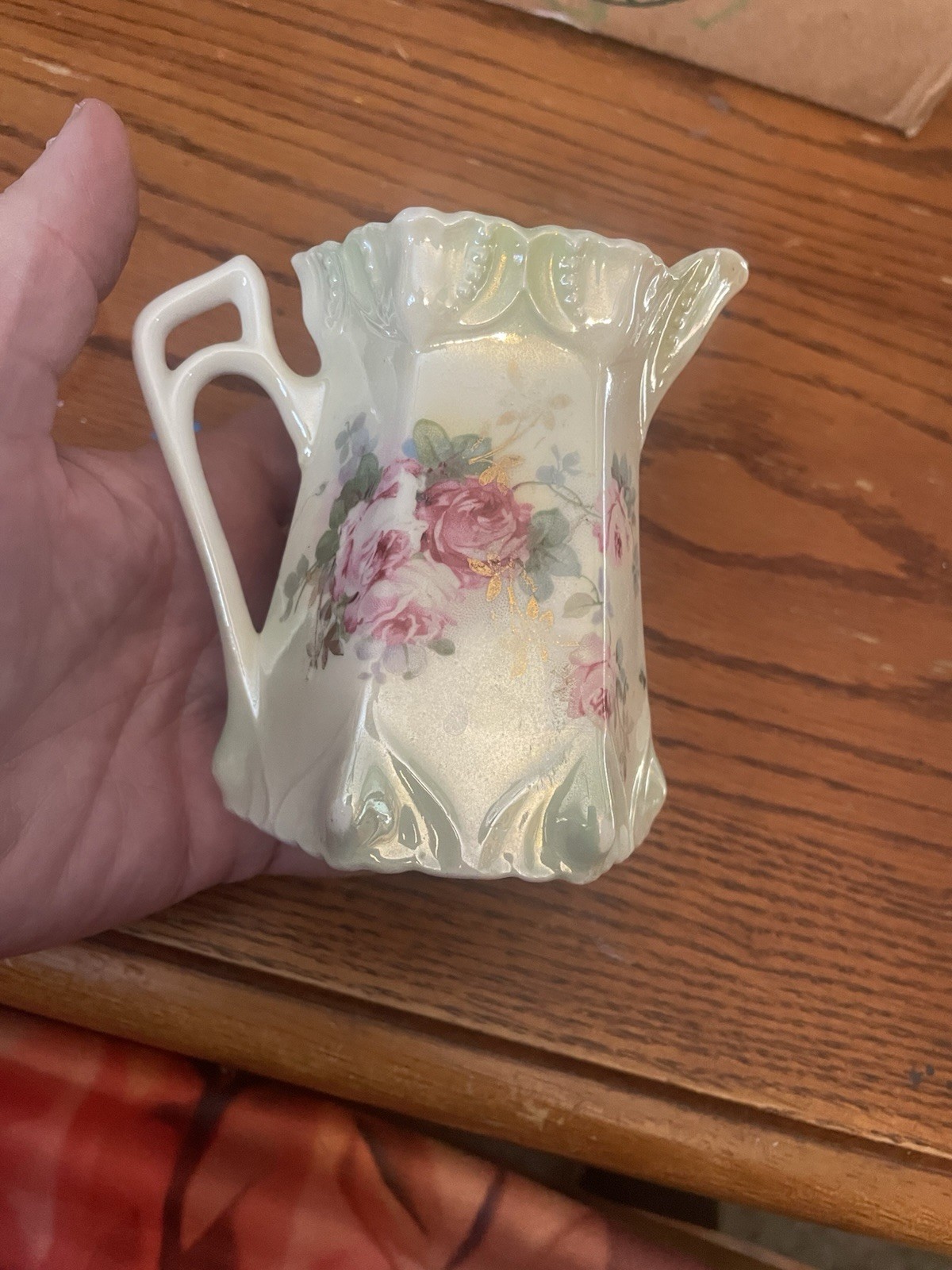 vintage Germany porcelain pitcher creamer iridescent green pink roses 1969