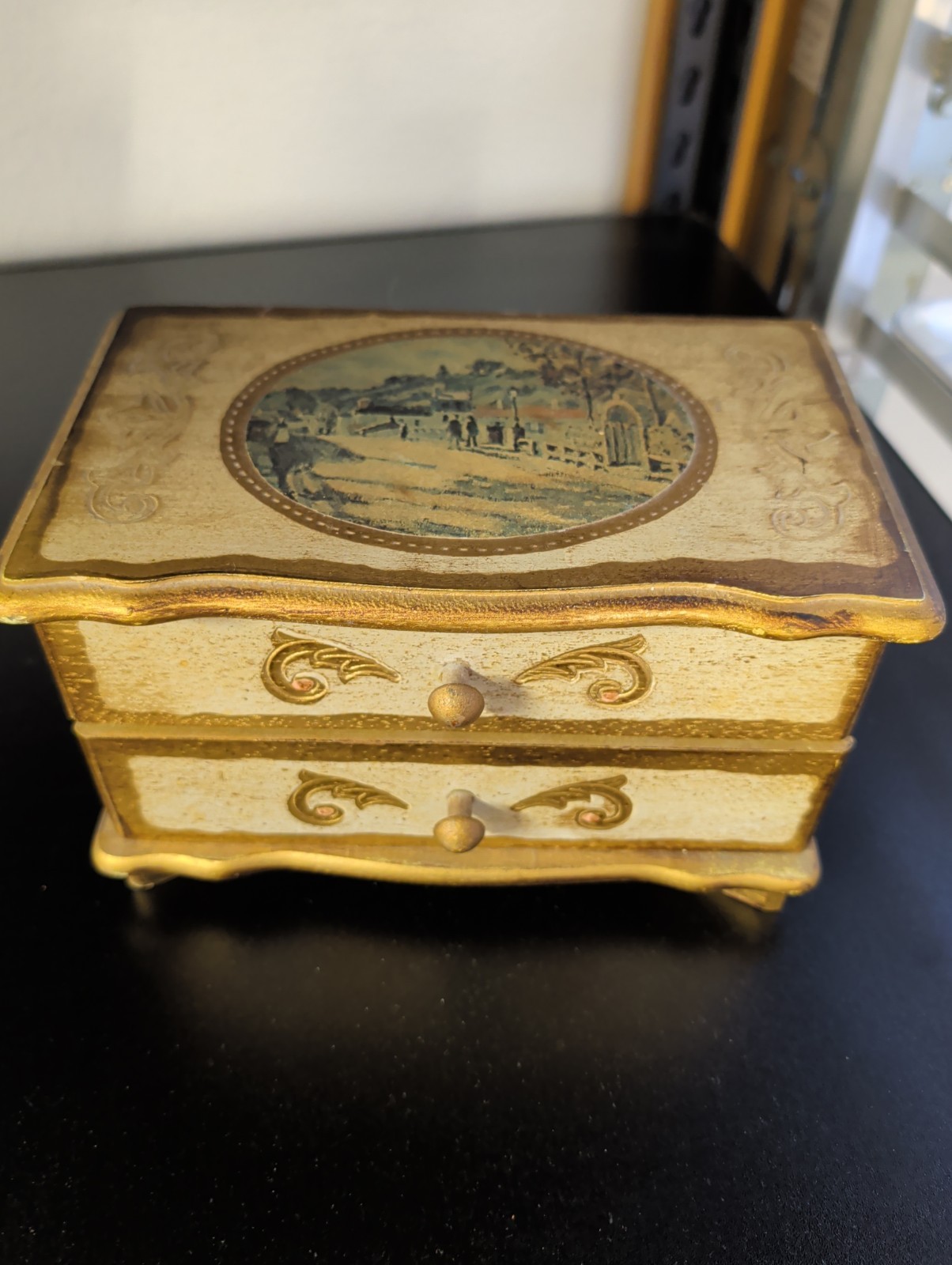 Vintage Florentine Design Wood Gold Gilt Painted Jewelry Music Box Chest Japan