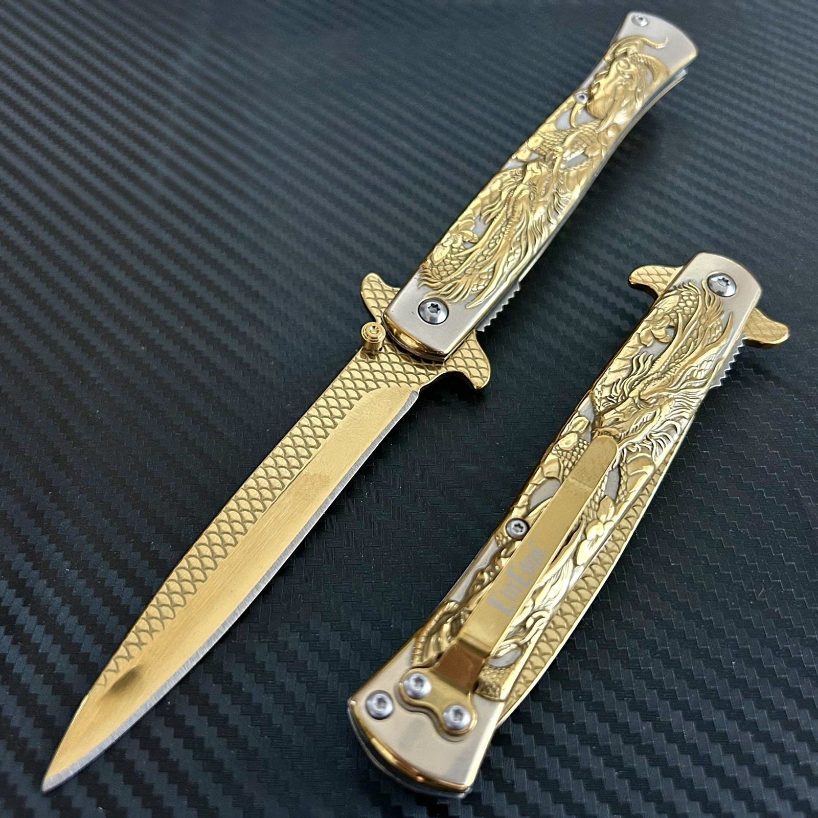 9” Gold Dragon Knife Spring Assisted Open Blade Folding Pocket Knife Hunting