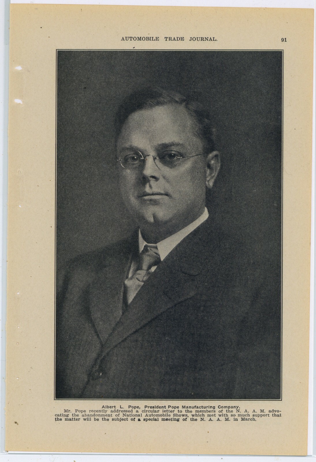 1913 Picture & Caption: Albert L. Pope - President of Pope Mfg. Co., Automobiles