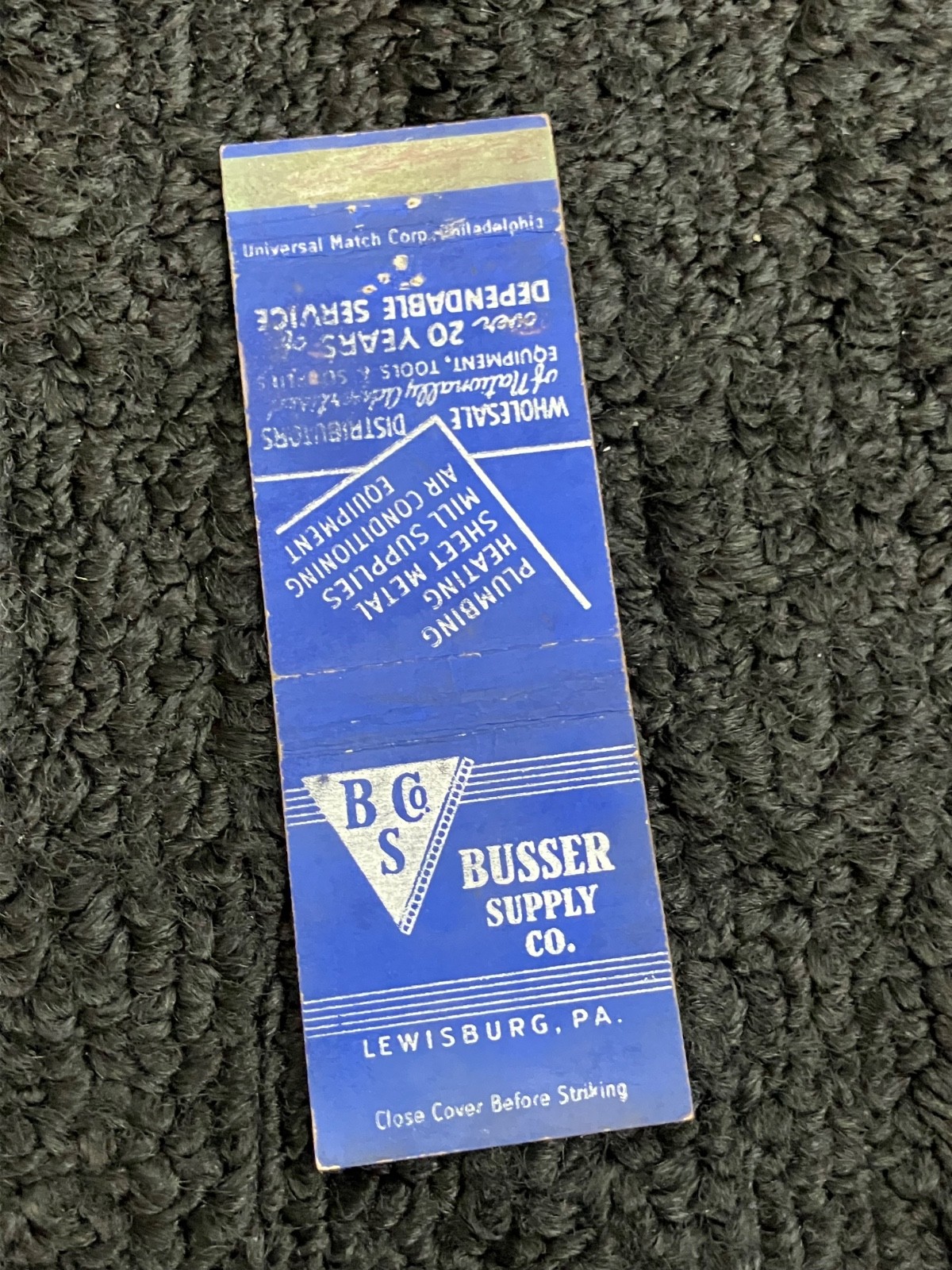 Vintage Pennsylvania Matchbook “Busser Supply Co” Lewisburg