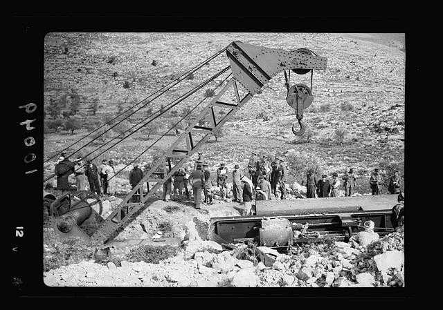 Photo:Jerusalem Lydda Railroad 1910s Overturned Locomotive Crane GOC Visit