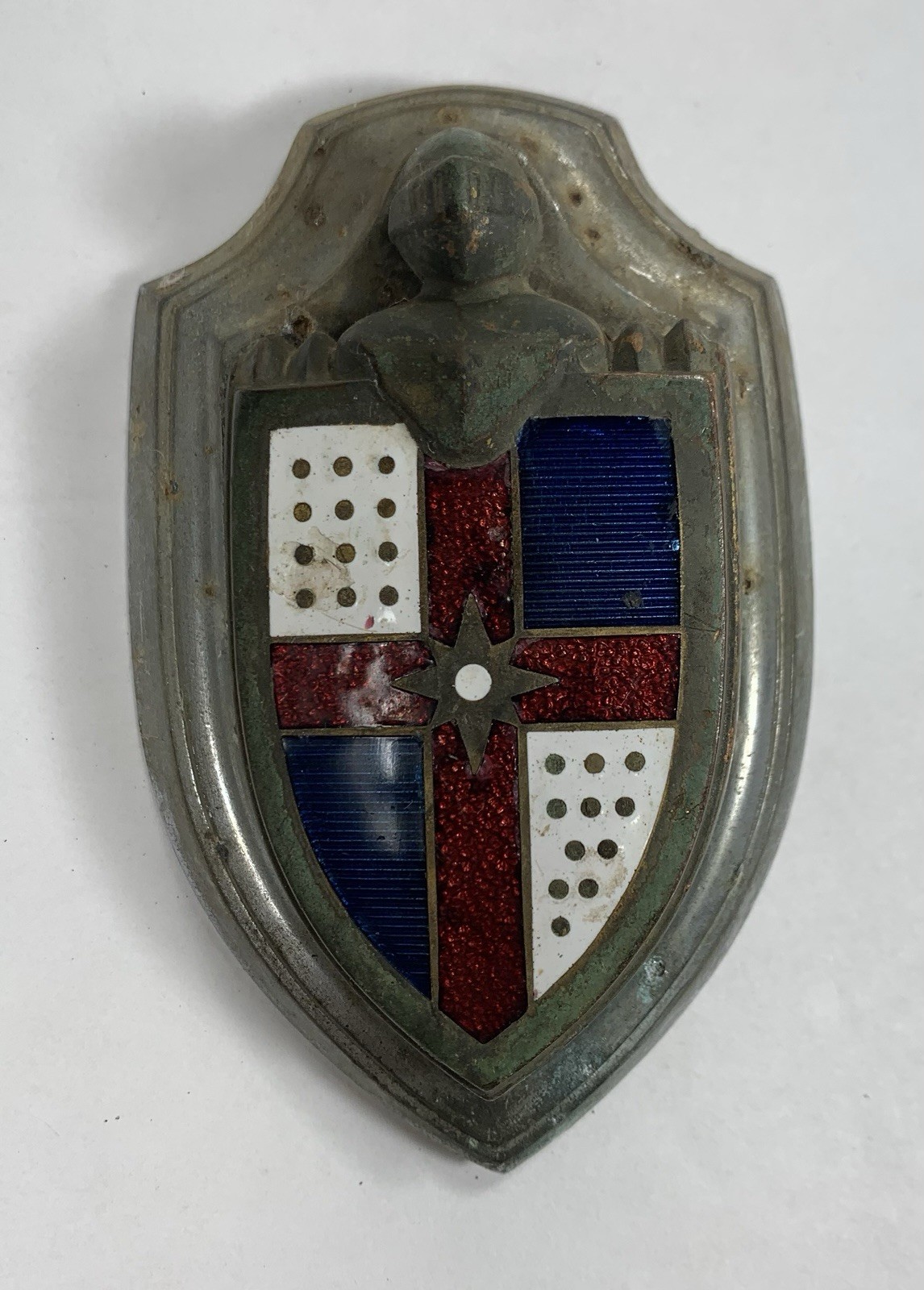 Vtg 1946 40s Lincoln Car Enamel Embelm Radiator Badge Knight Shield Insignia