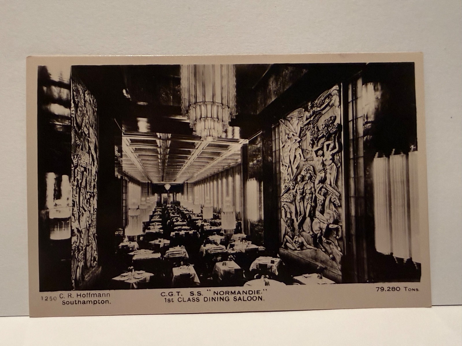 SS Normandie real photo postcard French Line first class dining room