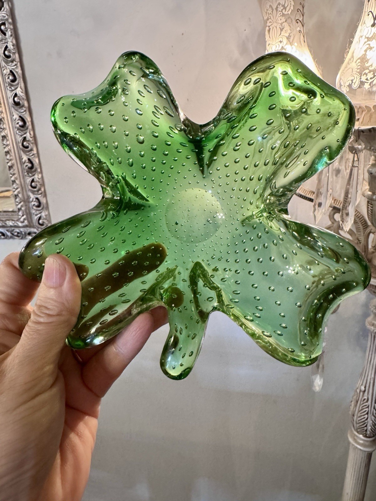 Vintage 1950s Mid Century Modern Murano Italy Deep Emerald Green Bullicante