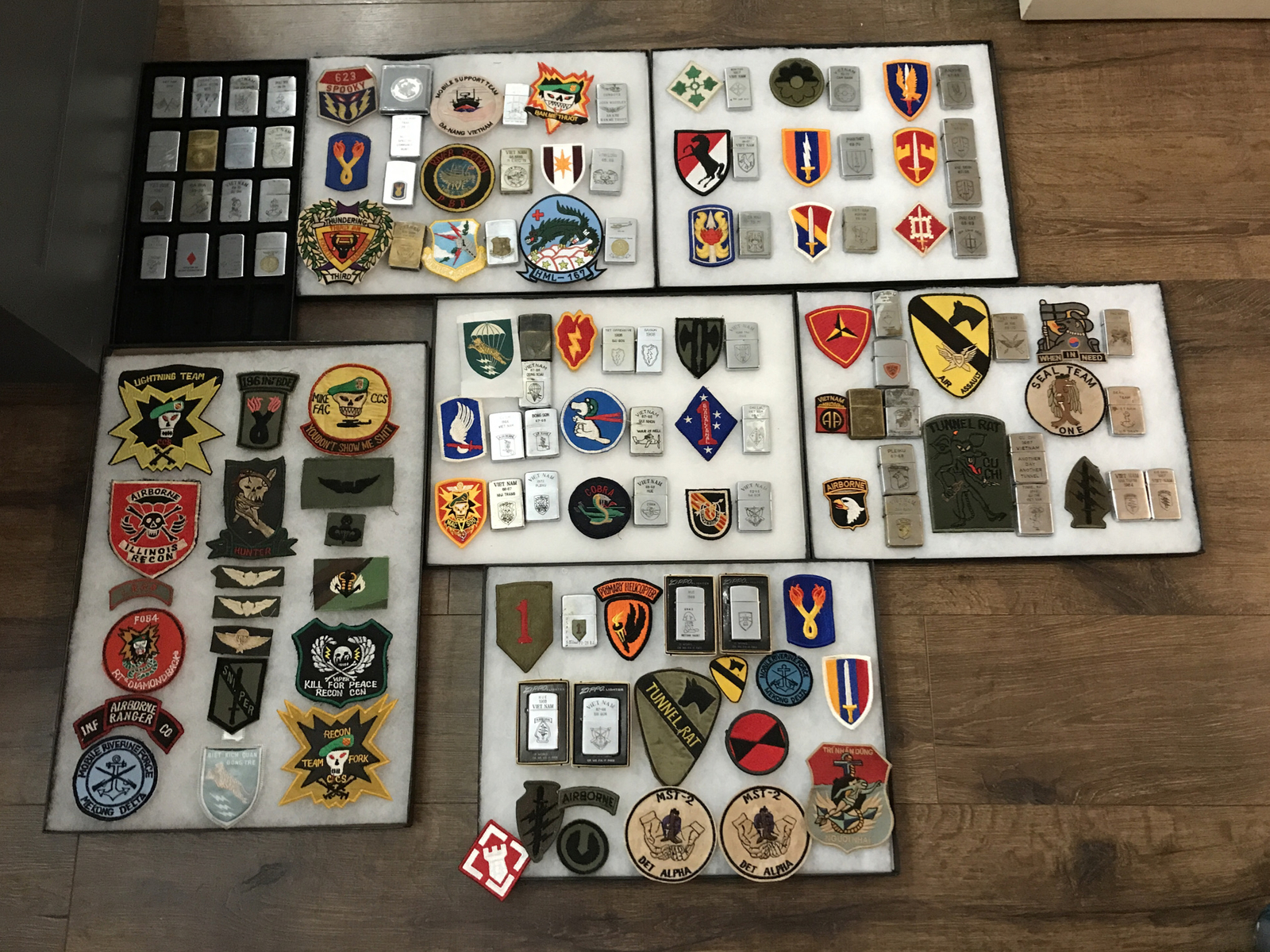 Huge 65 Vietnam War Era Zippo Lighter Lot And Military Patches Navy Seal Mav Sog