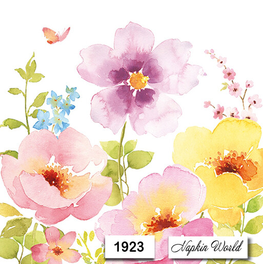 (1923) TWO Individual Paper LUNCHEON Decoupage Napkins - WATERCOLOR FLOWERS