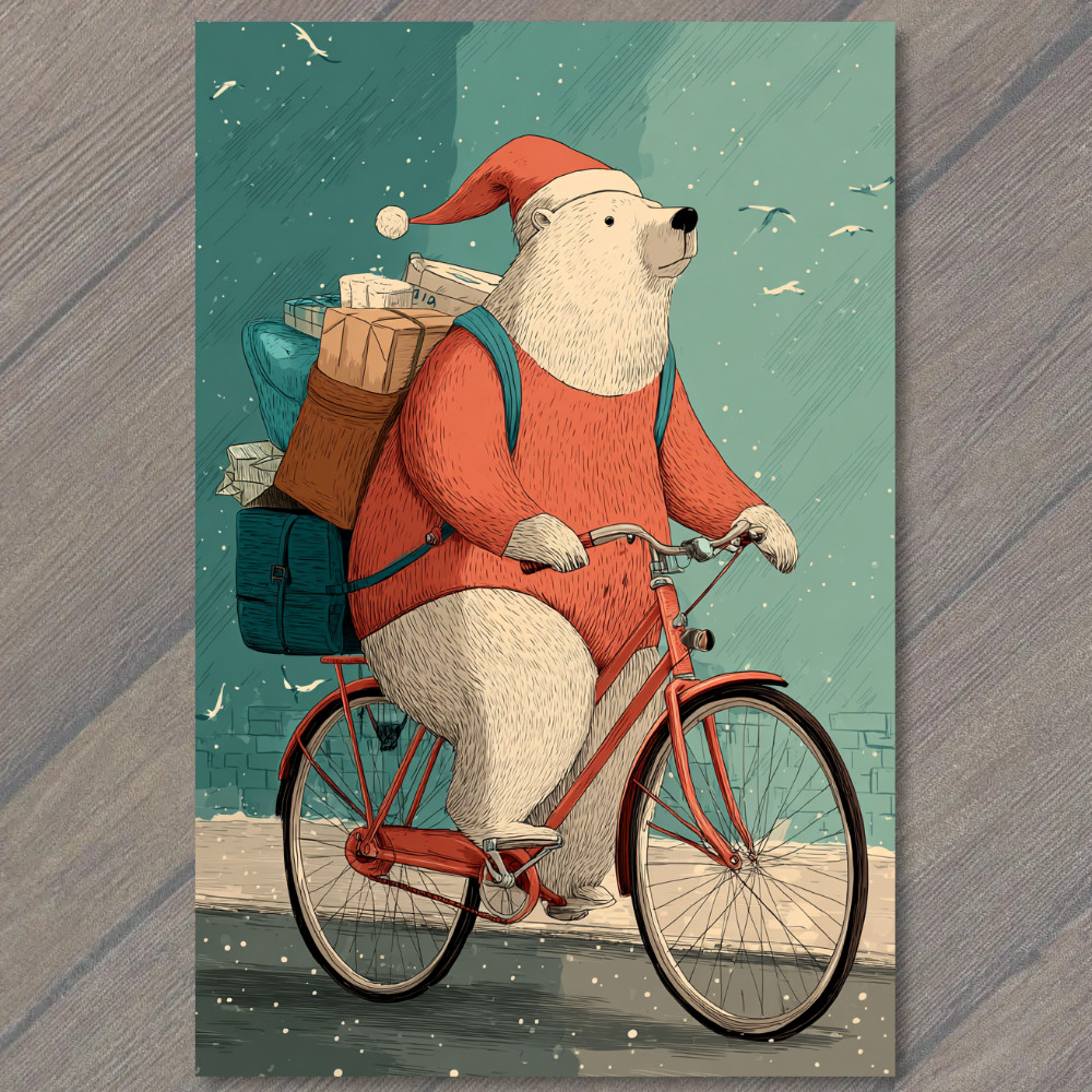 POSTCARD Polar Bear Santa Hat Bicycle Delivering Gifts Winter Christmas