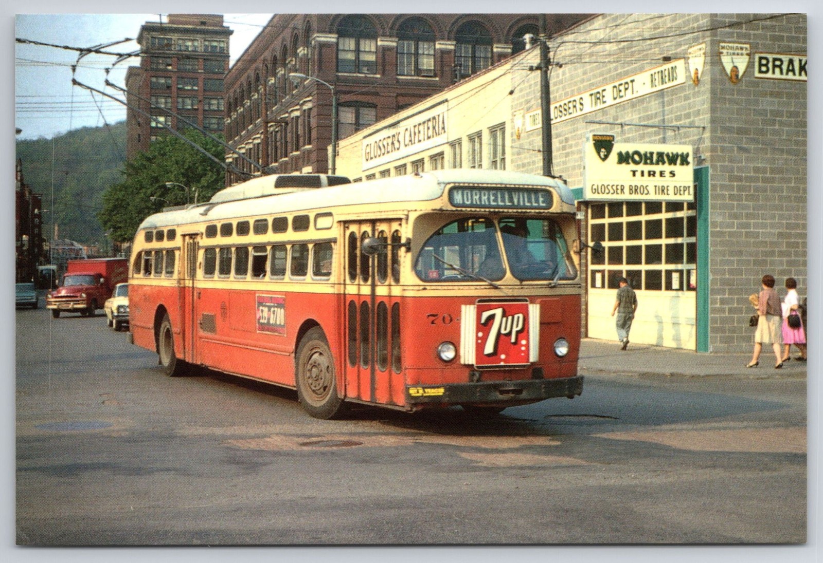 Johnstown PA Glosser\'s Trolleybus 1963 Morrellville Mohawk 7UP Ad Bus Postcard