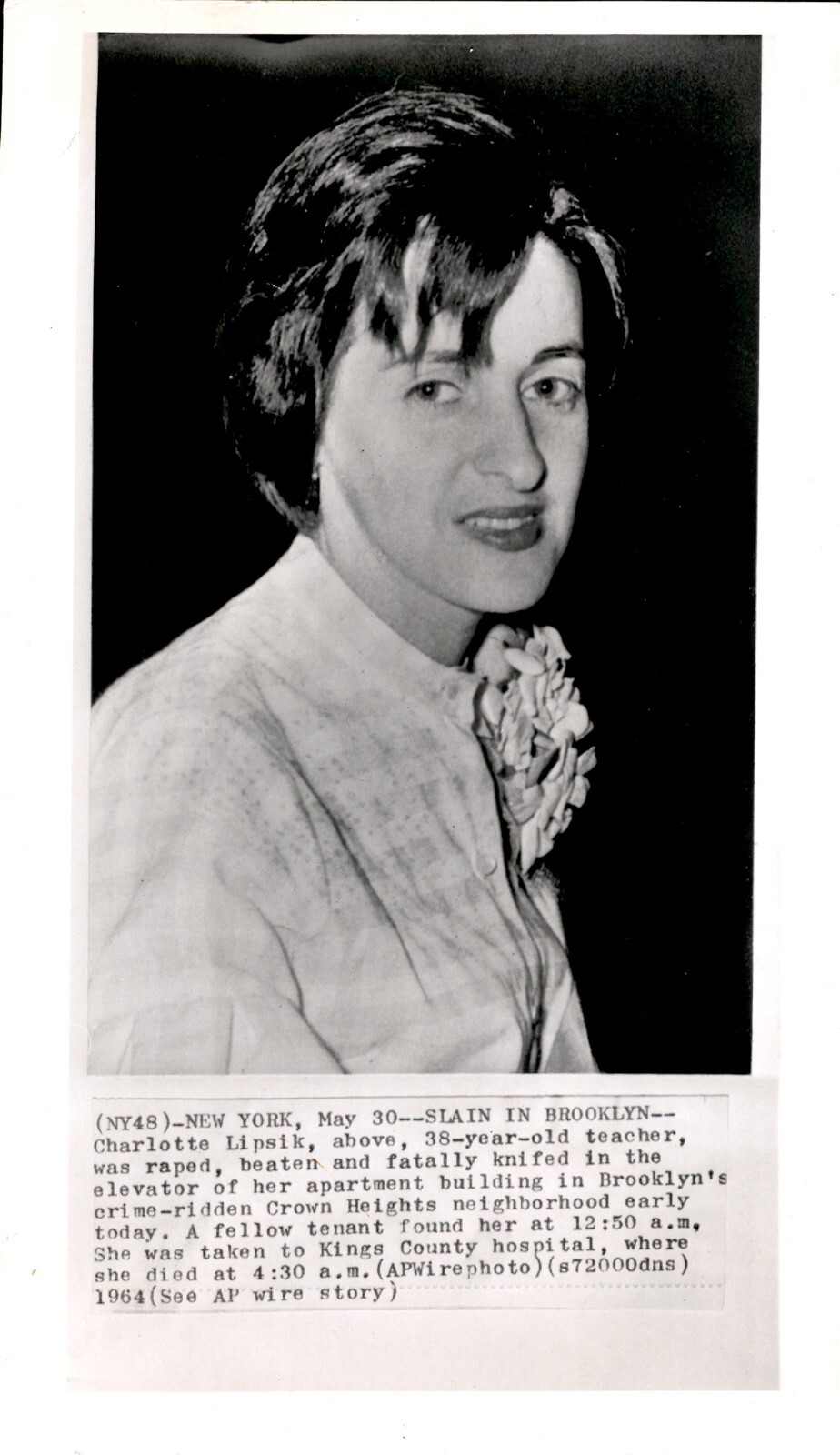 LD355 1964 AP Wire Photo SCHOOL TEACHER SLAIN IN BROOKLYN CROWN HEIGHT CRIME NY