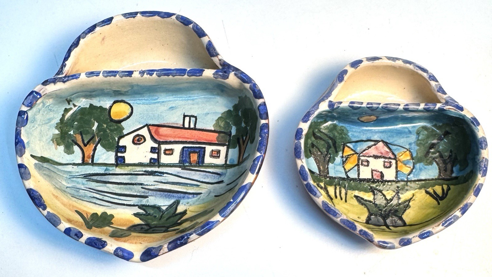 Vtg Folk Art Portugal Set Of 2 Handmade And Painted Clay Dishes Artist Signed