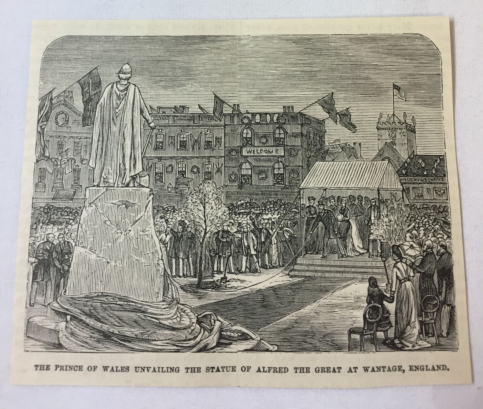 1885 magazine engraving ~ STATUE OF ALFRED THE GREAT Wantage, England