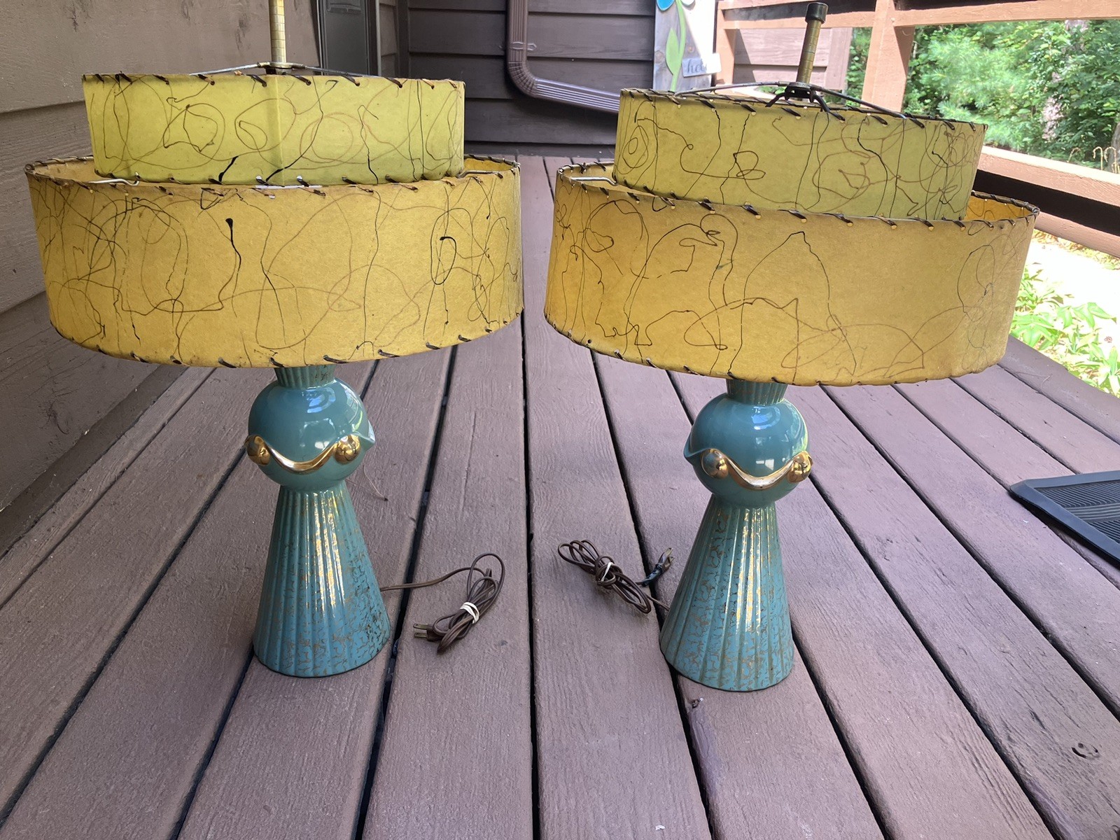 Pair Of Vintage MCM Atomic TEAL Ceramic Lamps Fiberglass Shades 1950s Boudoir