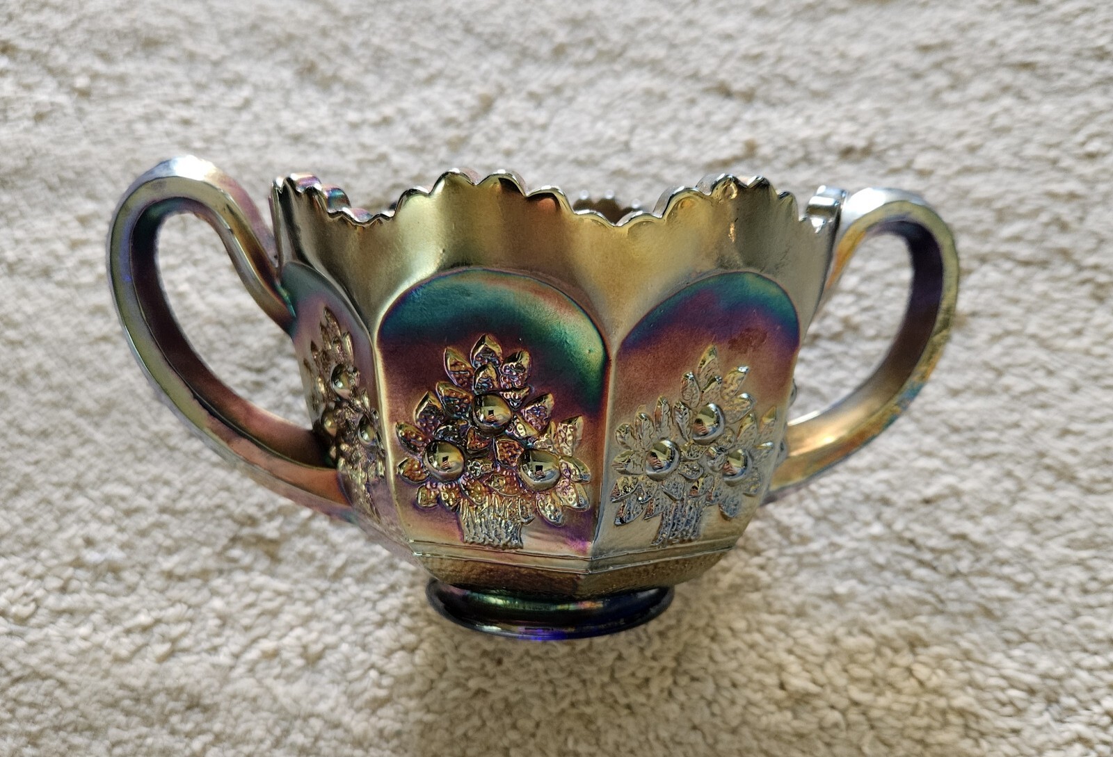 Amethyst Carnival Glass  Sugar Bowl Orange Tree Irridescent Side Handles