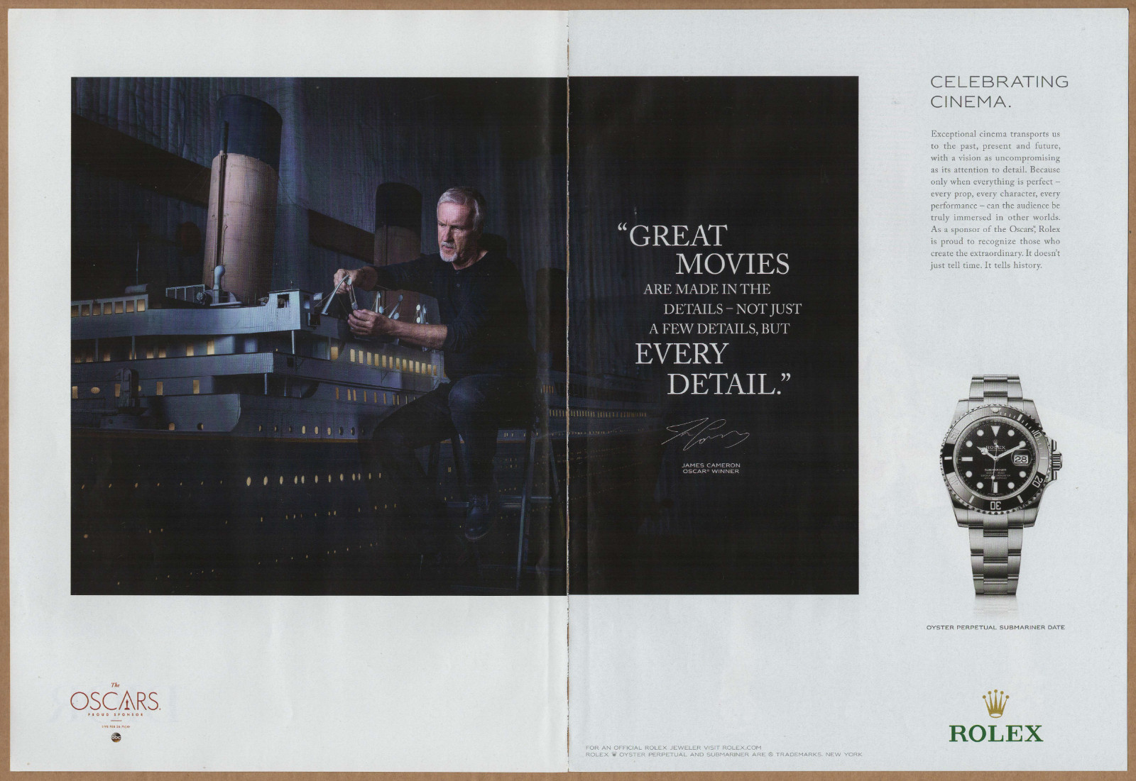 2017 Rolex Submariner Date Print Ad James Cameron Titanic Movie Oscar Winner