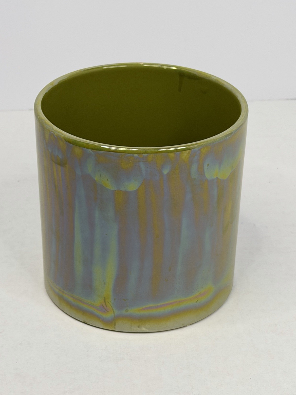 Vtg Chinese 5” Iridescent Drip Glaze Ceramic MCM Pot Planter Blue Green Olive Vtg Chinese 5” Iridescent Drip Glaze Ceramic MCM Pot Planter Blue Green Olive