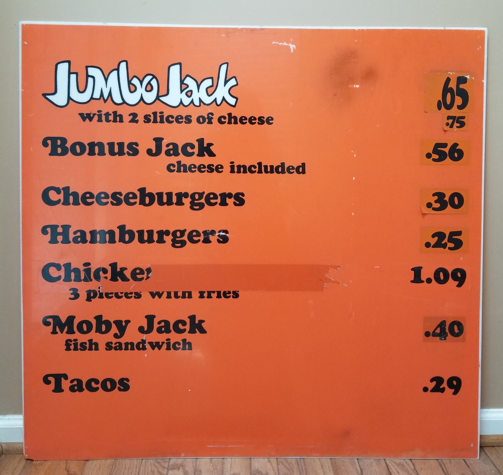 Vintage 1970s JACK IN THE BOX Restaurant Menu Sign Plexiglass 38