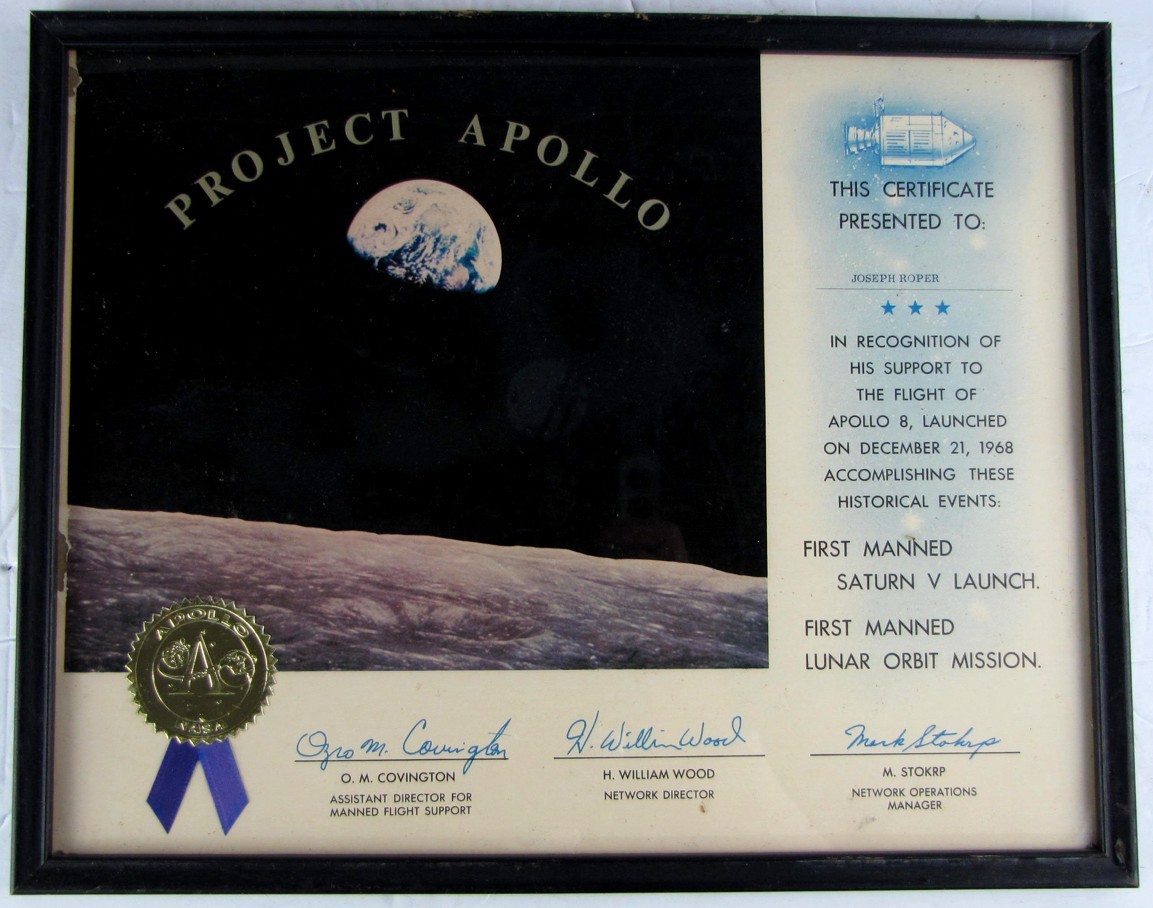 RARE 1968 NASA Apollo 8 - Saturn V Launch / Lunar Orbit Mission Certificate