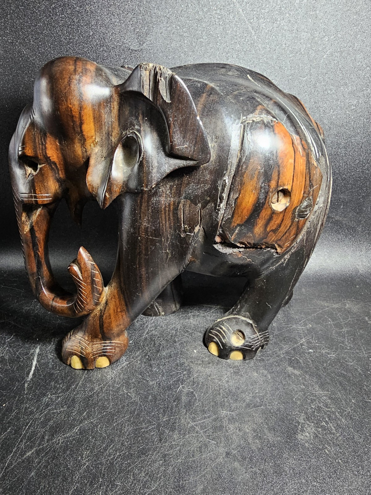 Rare, Elephant, Carved, Large Vintage Macassar Ebony Hand Carved Wooden Elephant