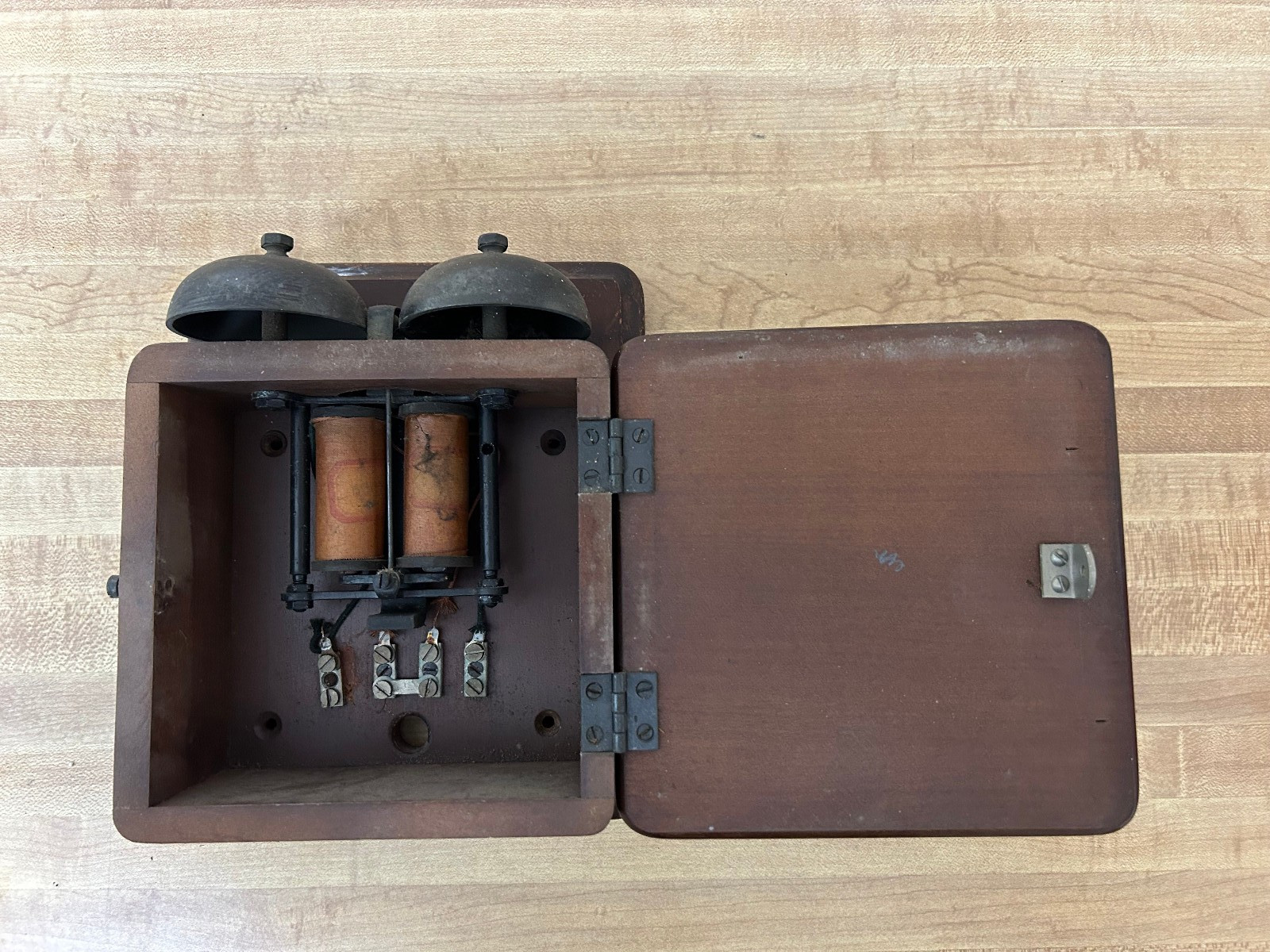 VINTAGE UK GPO WOODEN TELEPHONE BELL SET No 1A, 1920s/30s