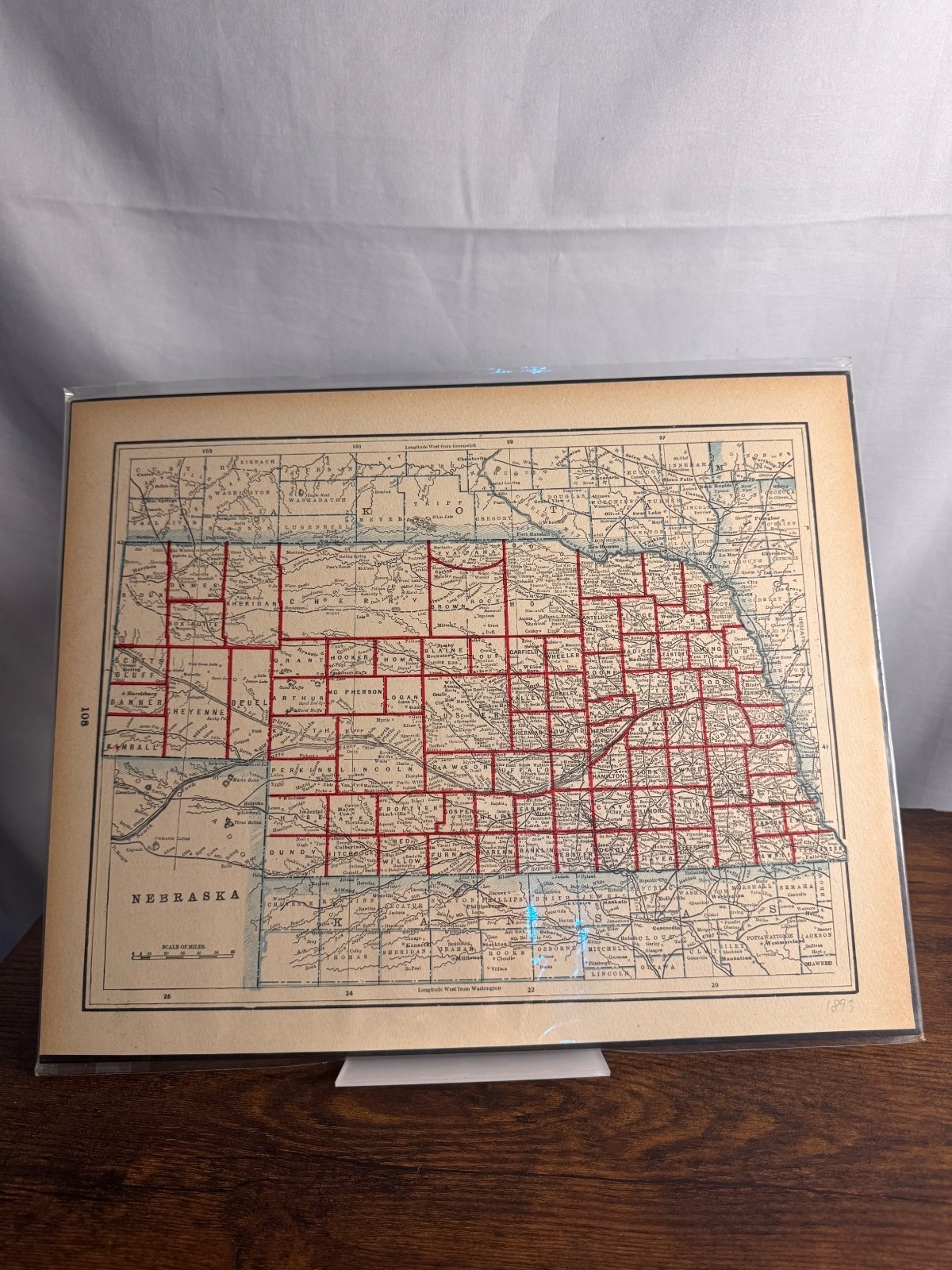 1893 Nebraska Map Antique Atlas Page Vintage Paper Railroad County Map