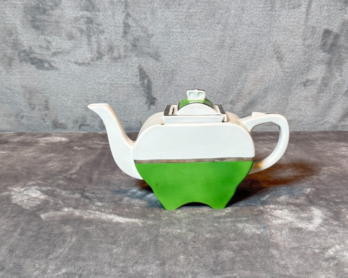 Vintage Art Deco Green White Porcelain Teapot Chrome Trim