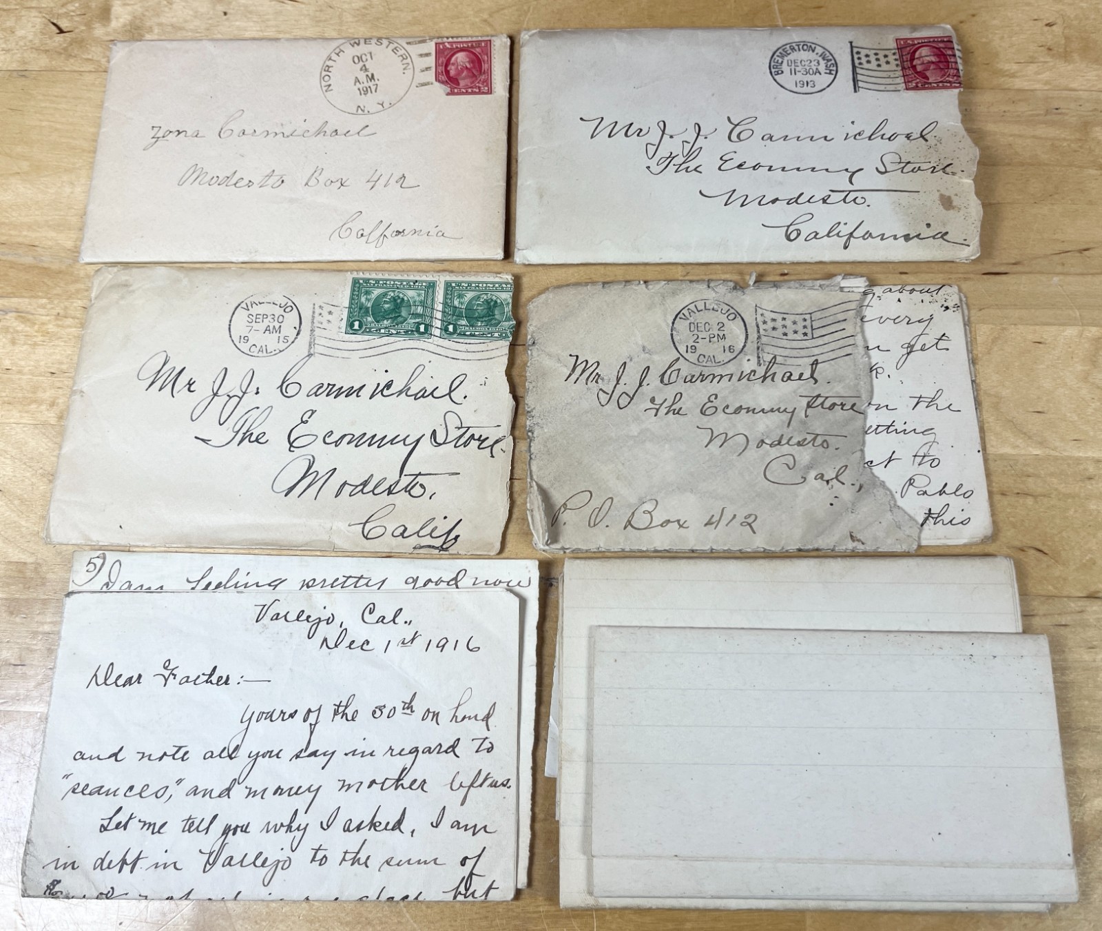 Vtg Hand-Written Letters Son to Father Early 1900’s The Economy Store Modesto CA