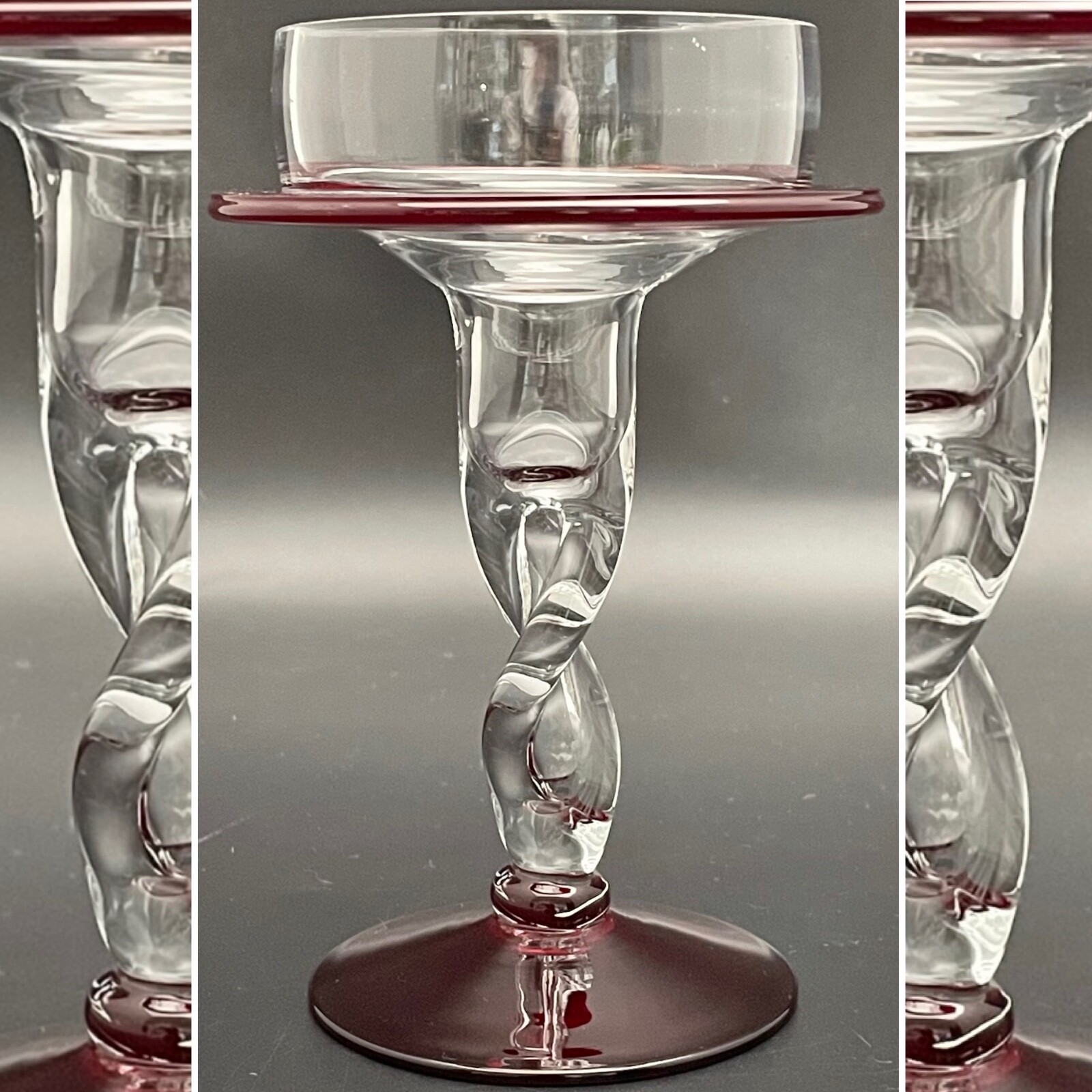 Krosno Jozefina Art Glass Spiral Twisted Burgundy Pillar Candleholder Poland 6
