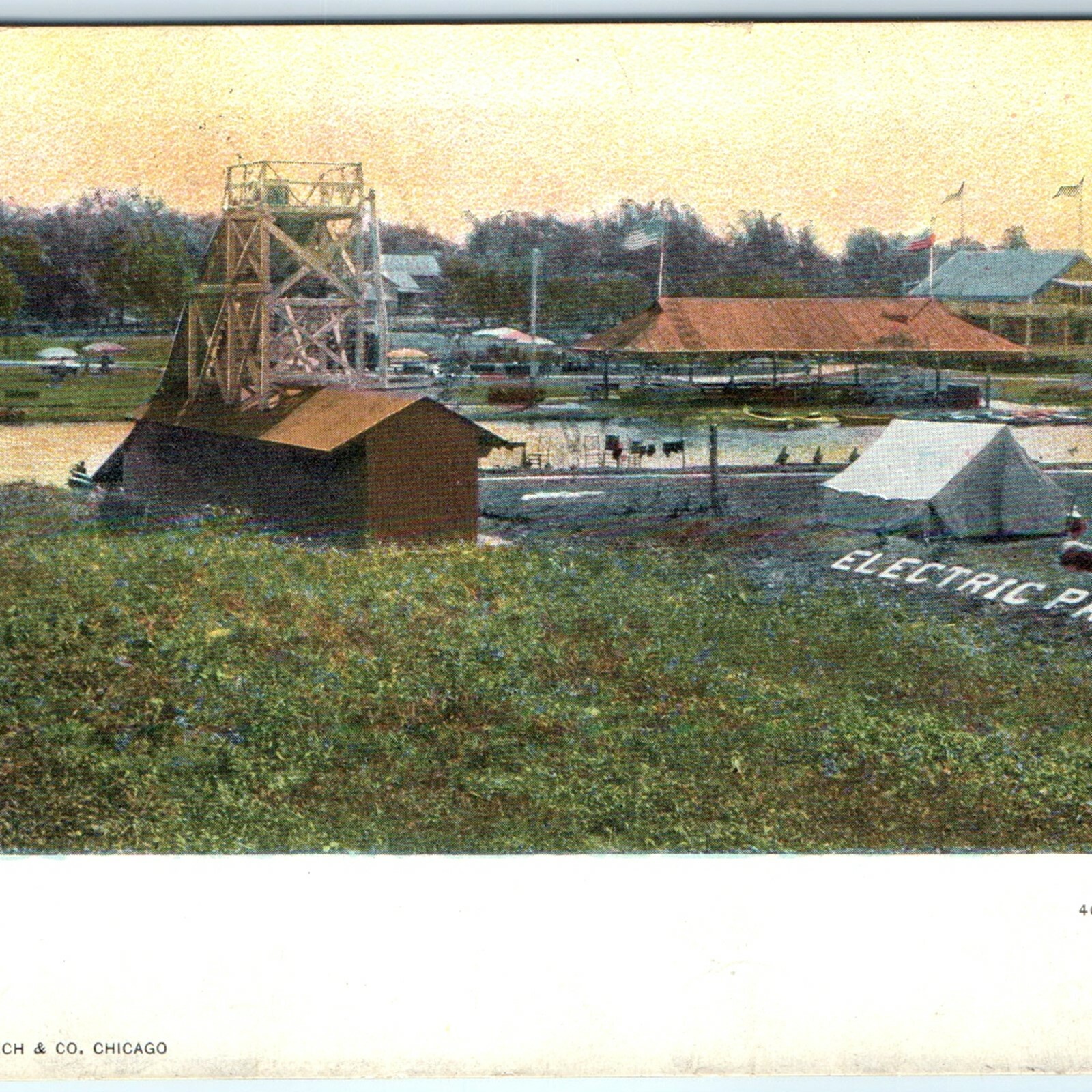 c1910s Joliet, IL Electric Park Postcard Amusement Chute Tent Curt Teich Litho