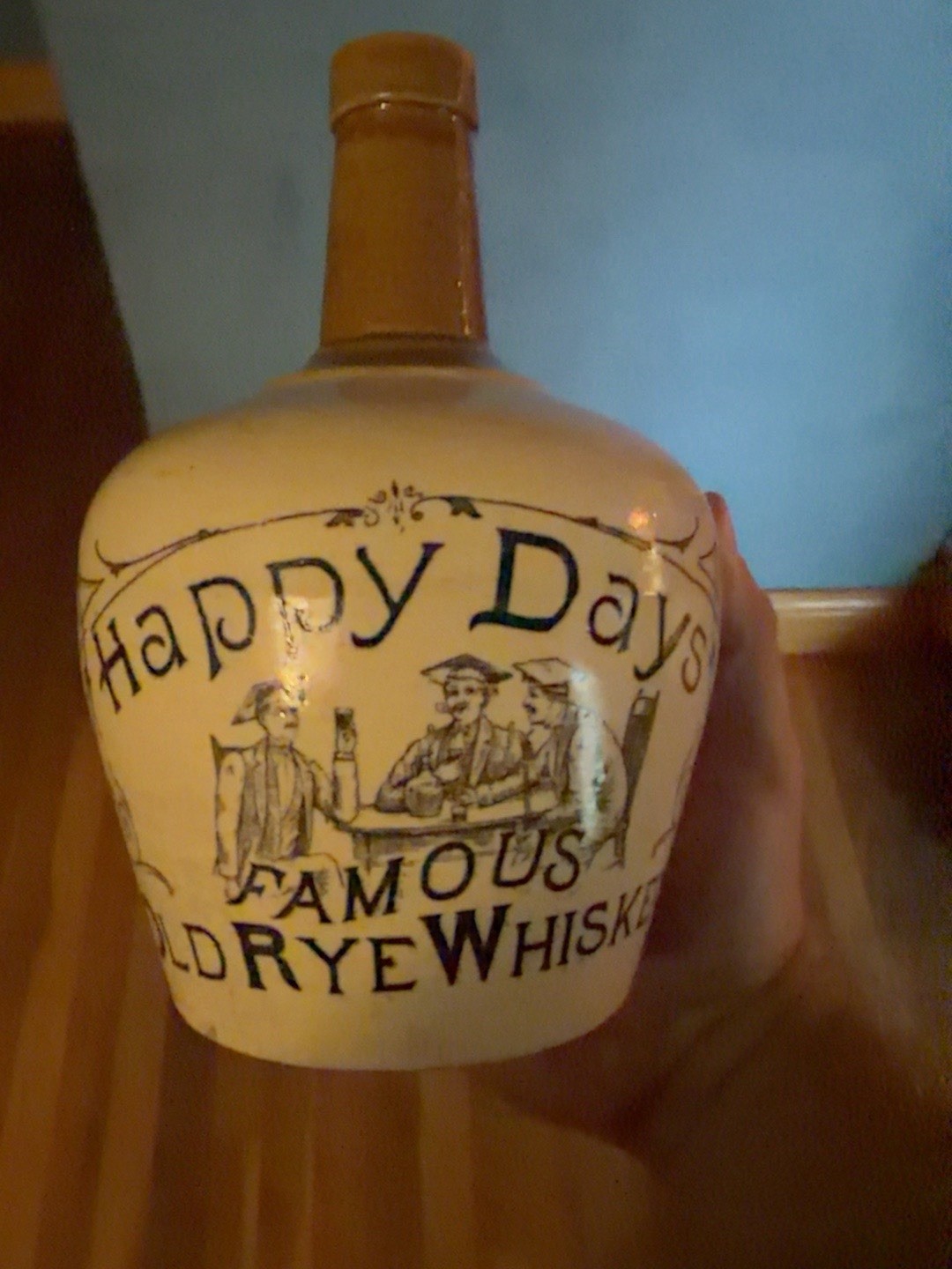 Antique Happy Days Famous Old Rye Whiskey Stoneware Jug Flagon 1900s 