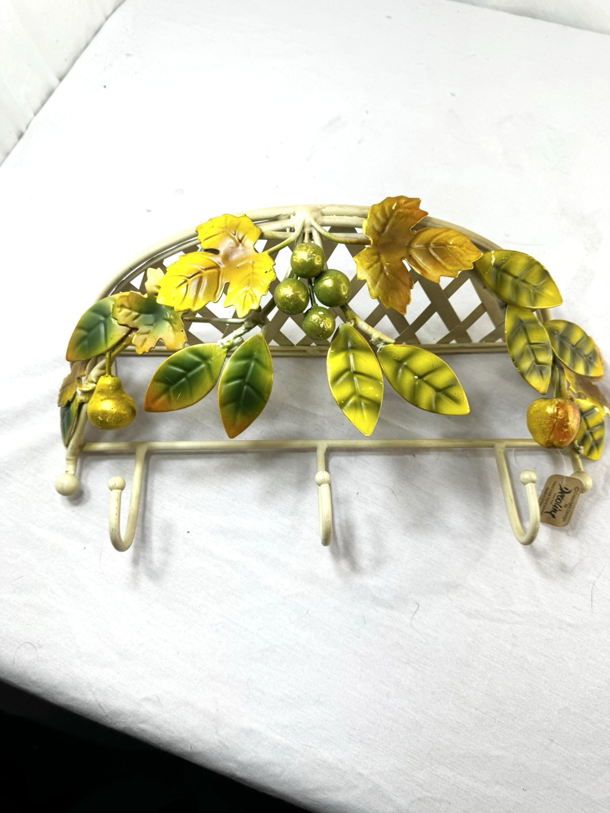 Vtg Decoline Tole Metal Fruit Leaves Shelf Hooks Rack Wall Shabby Cottage Tag FS