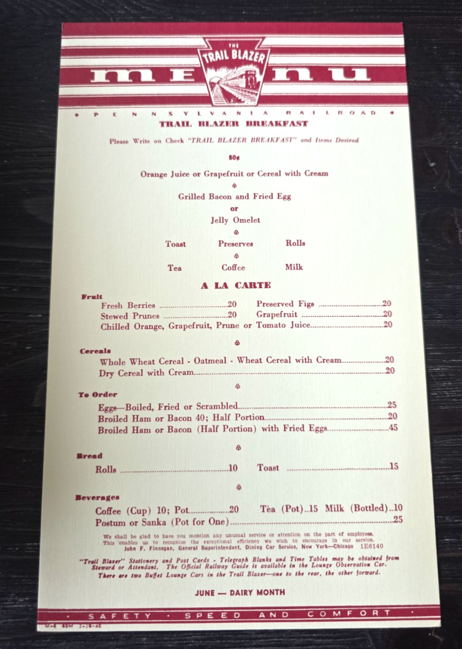 Original 1940 Pennsylvania Railroad PRR Trail Blazer Breakfast Menu Dining Car Original 1940 Pennsylvania Railroad PRR Trail Blazer Breakfast Menu Dining Car