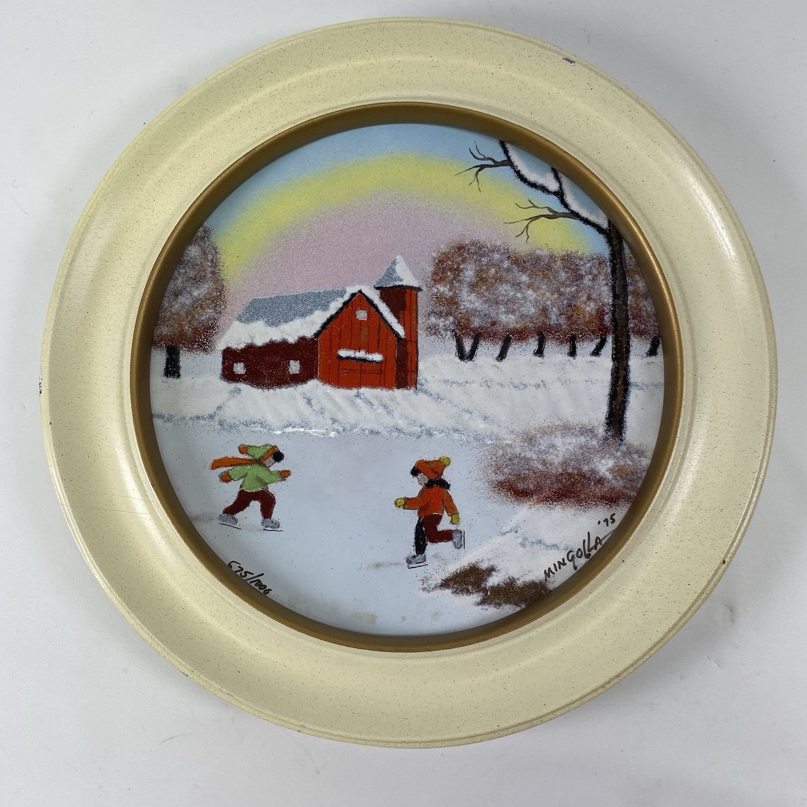 Vintage Dominic Mingolla 1975 Enamel on Copper Plate Children Skating on Farm