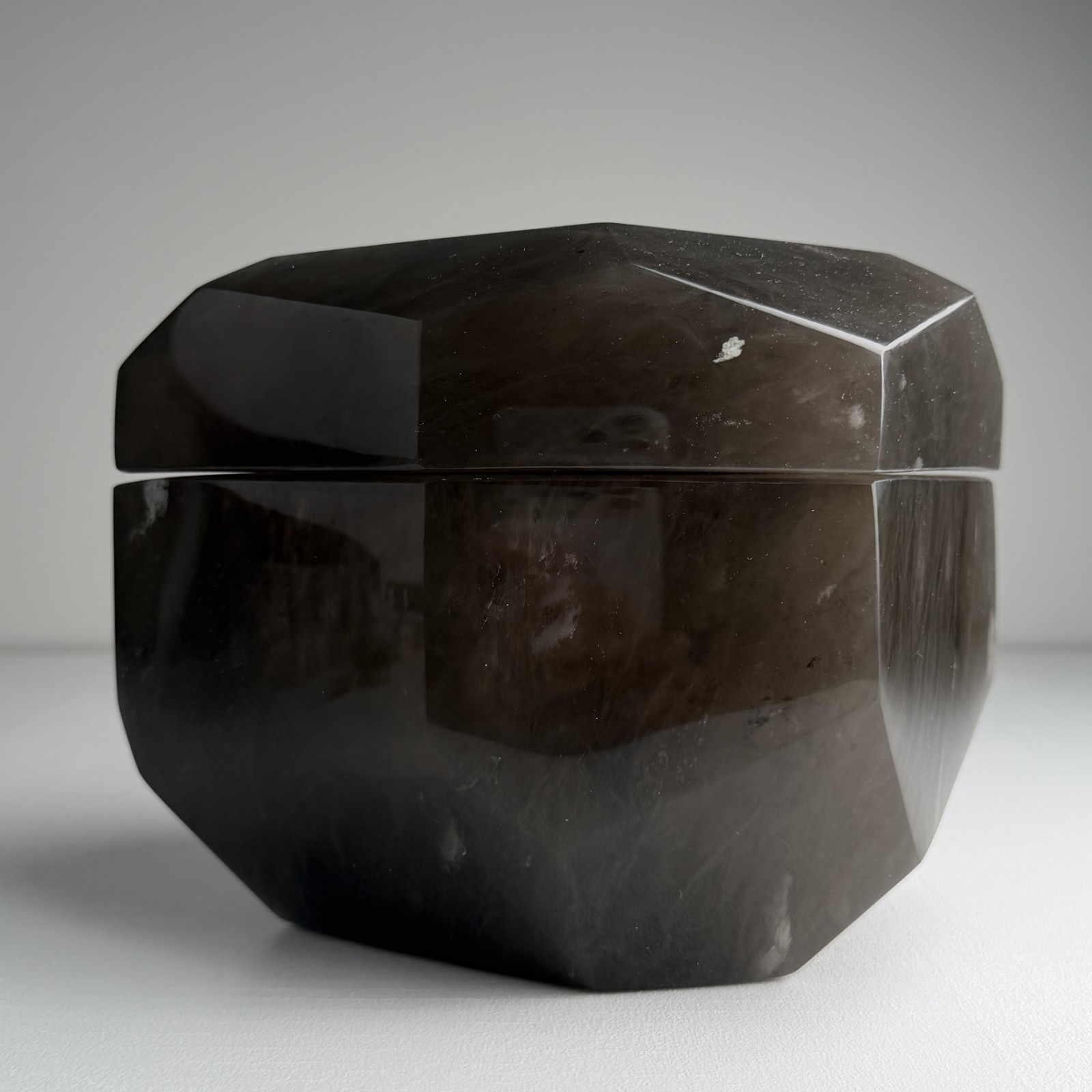 Robert Kuo Signed Smoky Quartz Rock Crystal Faceted Covered Box Mid Century Art