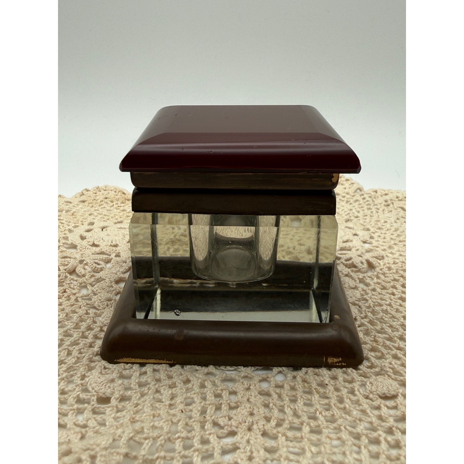Vintage Heavy Glass Inkwell Bronze Base Burgundy Beveled Lid Antique Desk Decor