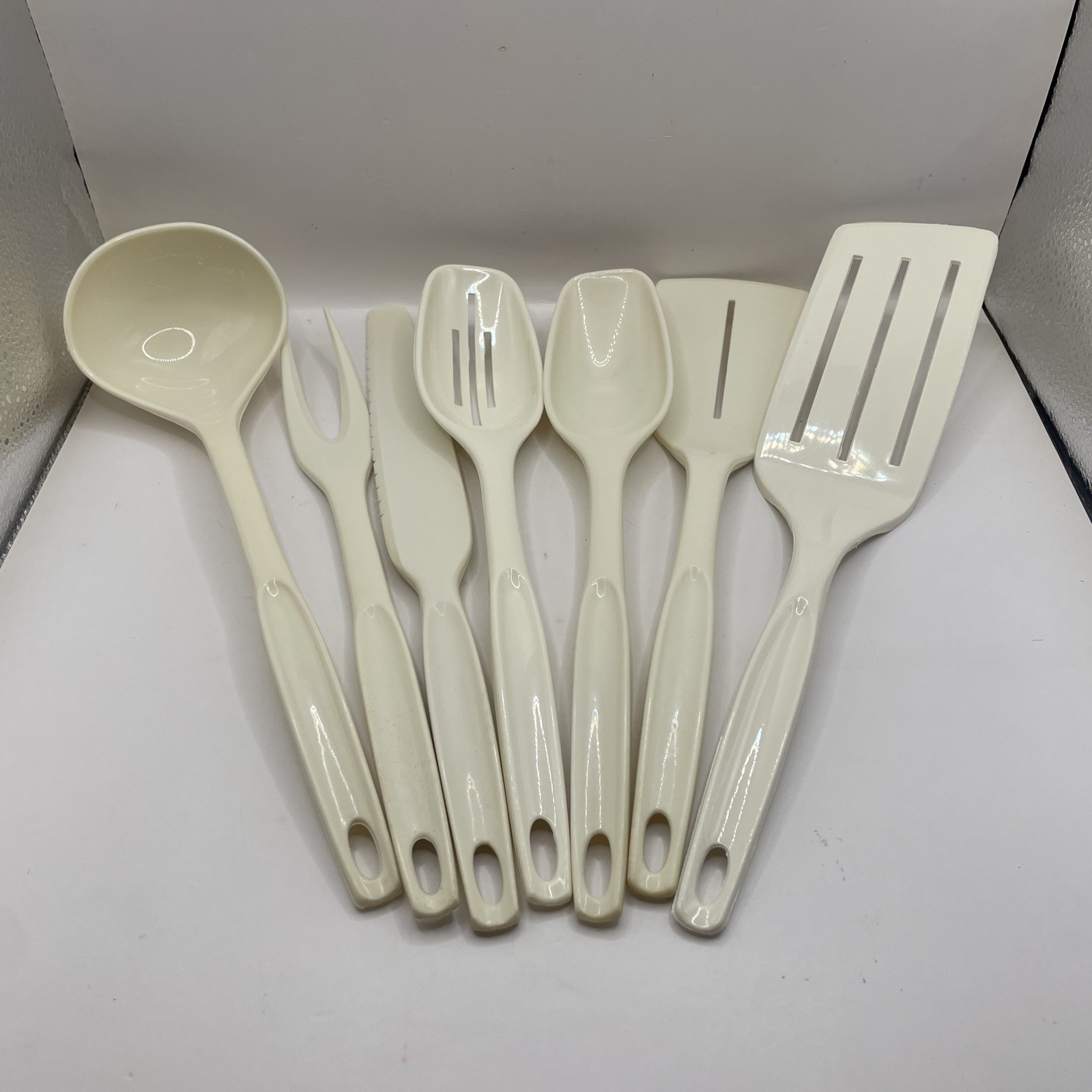(7) Vintage Foley Almond Kitchen Utensils Spoons Spatulas Ladle Fork Knife EUC