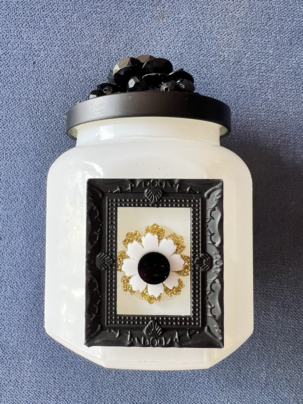 White Milk Glass Vanity Jar One-Of-A-Kind Black & Gold Handcrafted 6