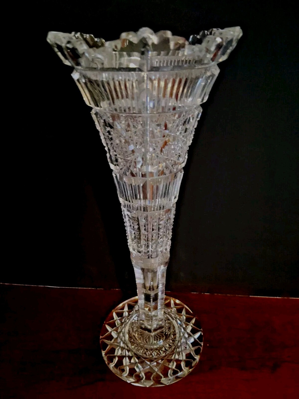 American Brilliant Hobstar Trumpet Vase Cut Crystal Beautiful Sawtooth Hawkes ?