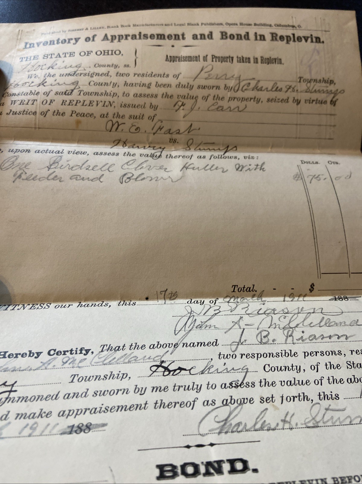 1911 Ohio Appraisement & Bond in Replevin Legal Document Hocking County