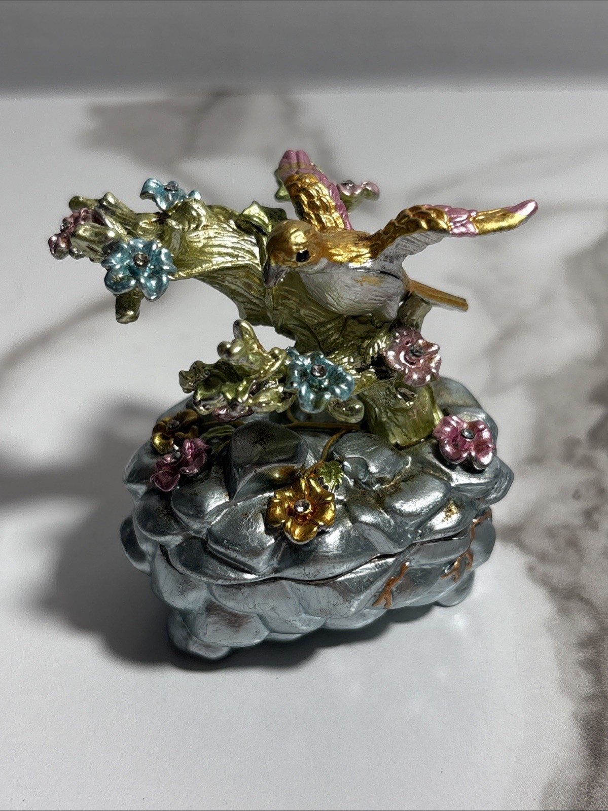 Vintage Pewter Crystal Bird Flowers Trinket Box Excellent Condition