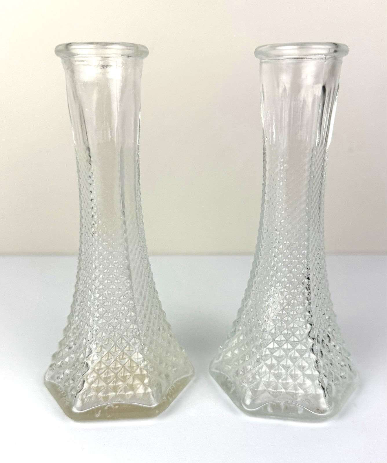 2 Vtg. E.O. Brody Clear Glass Hexagonal Diamond Point Bud Vases 6 in.