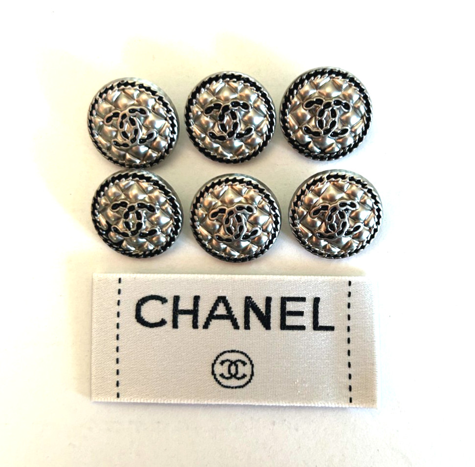 Chanel Vintage Button Set of 6  Size 18 mm Silver Tone Metal and Label
