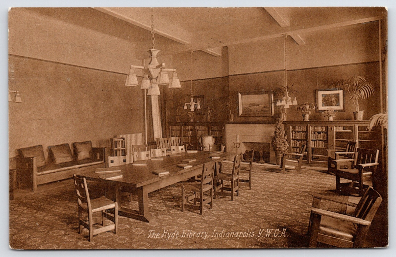 Indianapolis~Interior~Hyde Library~Bookshelves~Classroom? Table~Fireplace~Sepia