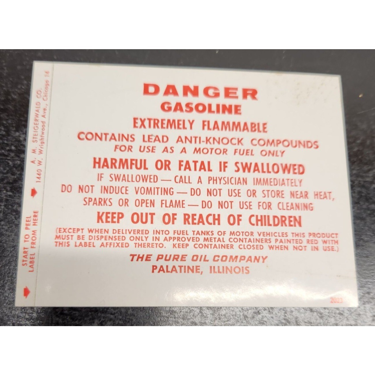 Pure Oil Sticker-Danger Gasoline Contains Lead Anti-Knock Compounds