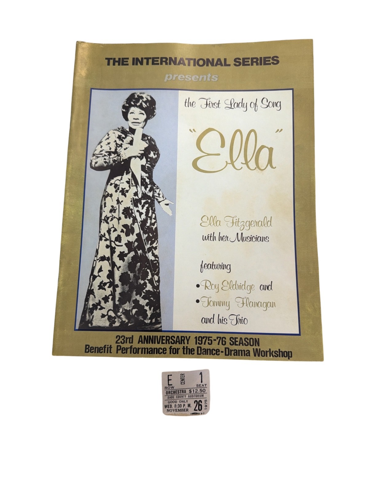Ella Fitzgerald 1975 Program Dade County Auditorium Jazz Concert w Ticket Stub