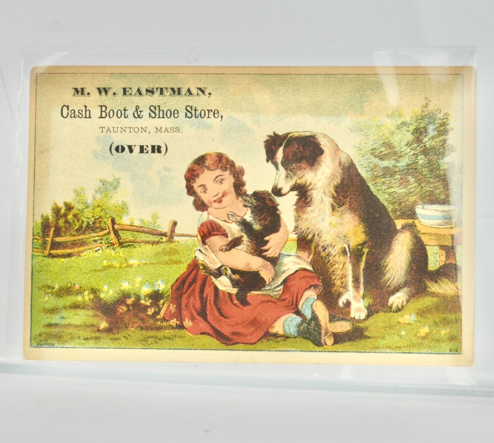 M. W. Eastman Cash Boot Shoe Store Victorian Trade Card Girl Dogs M. W. Eastman Cash Boot Shoe Store Victorian Trade Card Girl Dogs